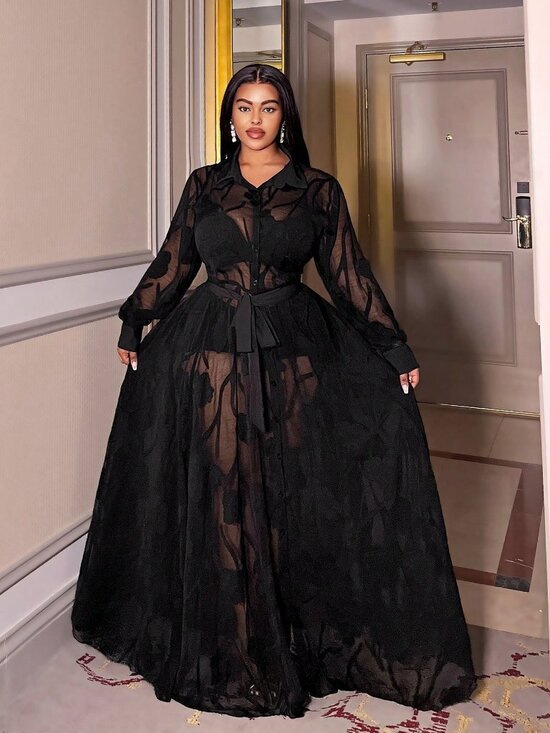 MODA ME COUTURE Dresses & Skirts - Black Elegant Women's Plus Size Long Sleeve Front Button Sheer maxi Dress